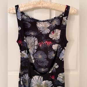 BCBG Max Azria backless ankle length floral black blue jersey dress. Sz S